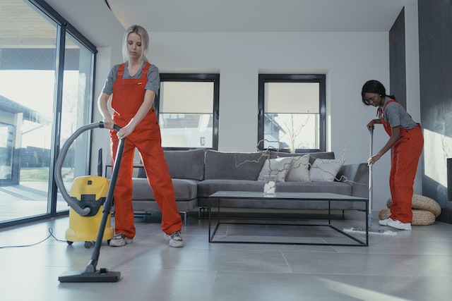 Professional cleaners cleaning the house. 