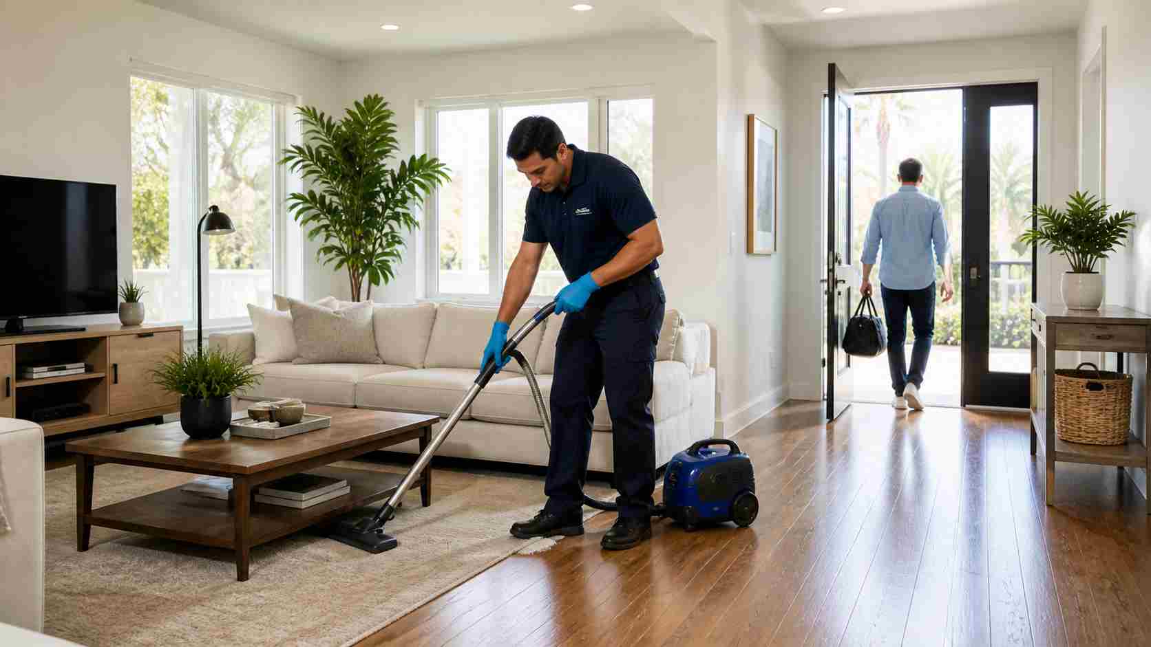 Professional house cleaner working inside a modern home while homeowner leaves during cleaning service