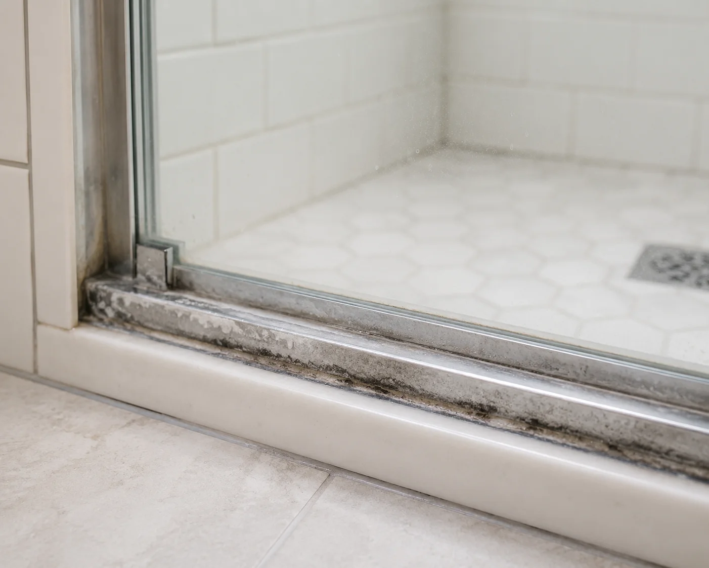 shower door track buildup soap scum and hard water deposits