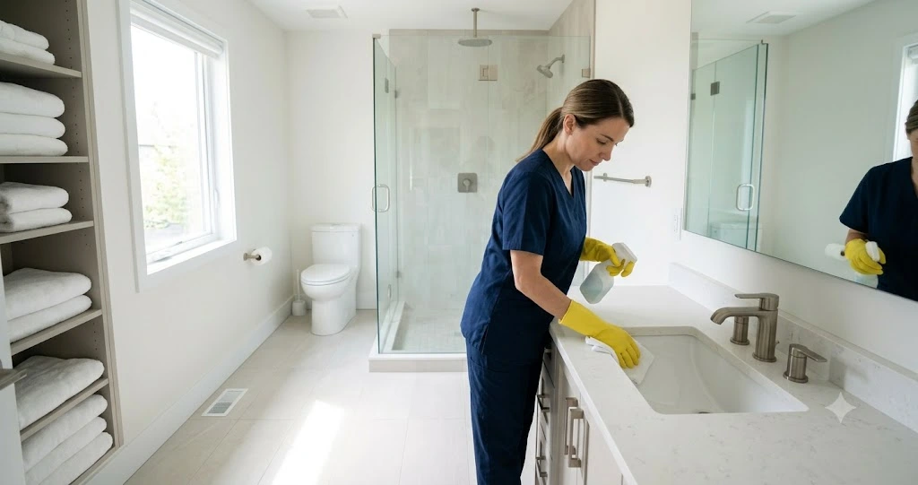 professional cleaner completing bathroom in 2 hour house cleaning visit
